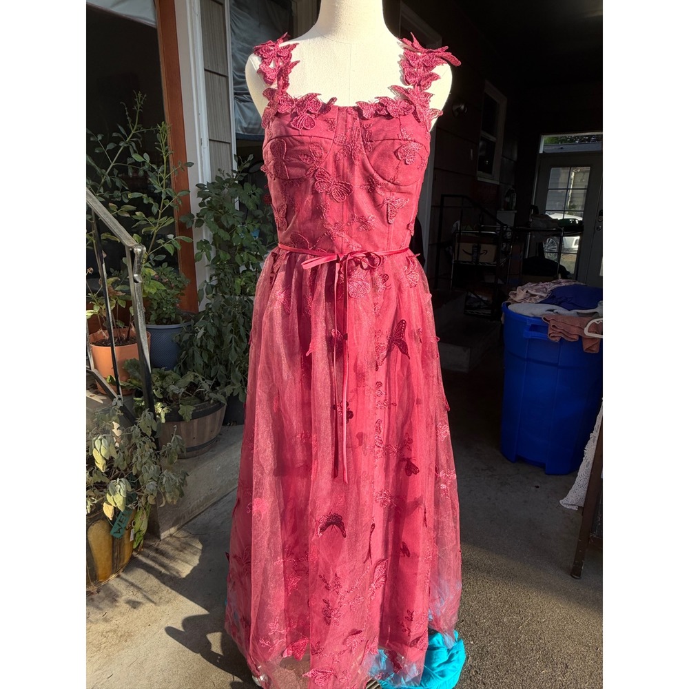 Burgundy Tulle 3D Butterfly Corset Maxi Dress Sz 6 Applique Fairy Prom Gown